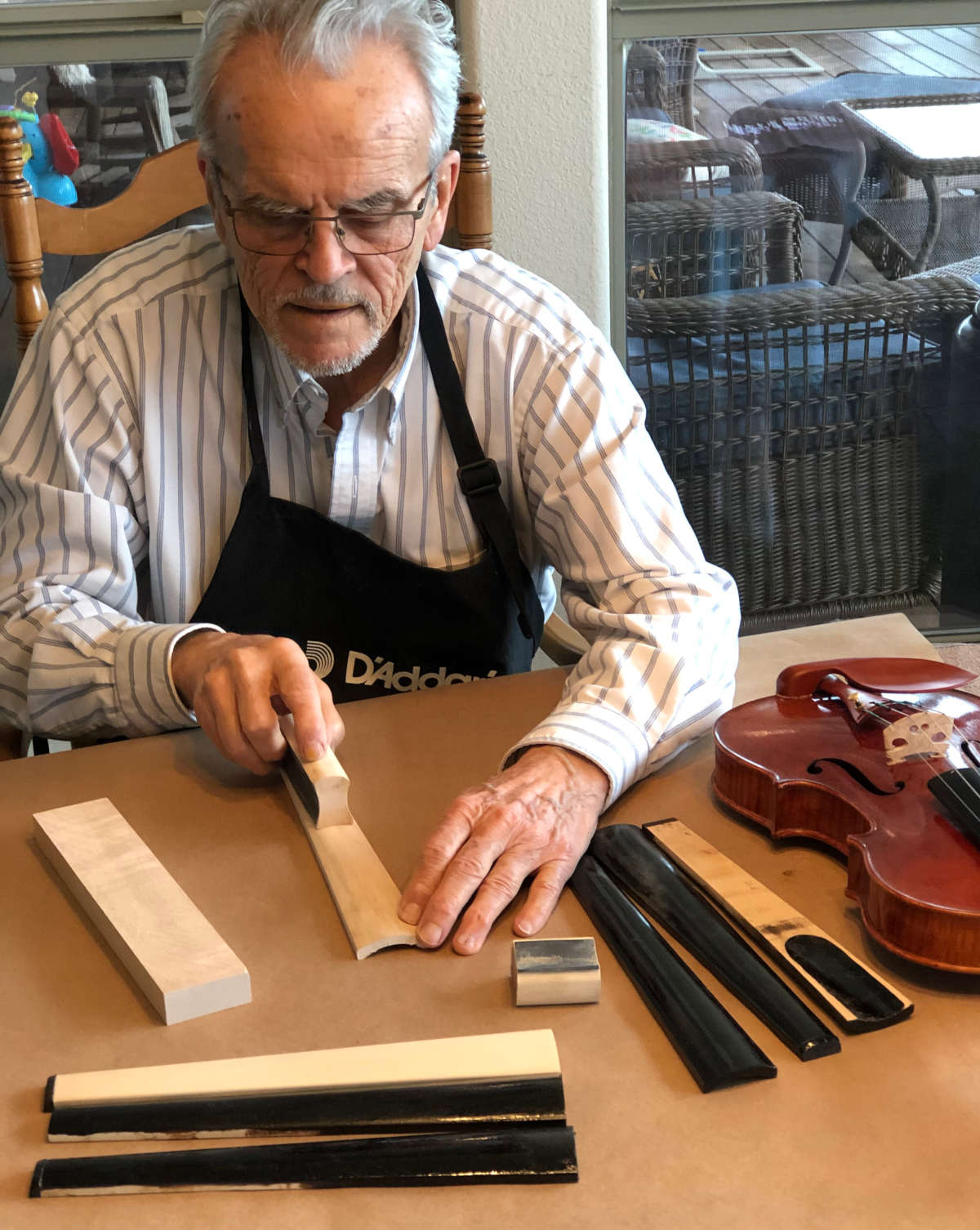 Joseph Nagyvary making light fingerboards, 2019